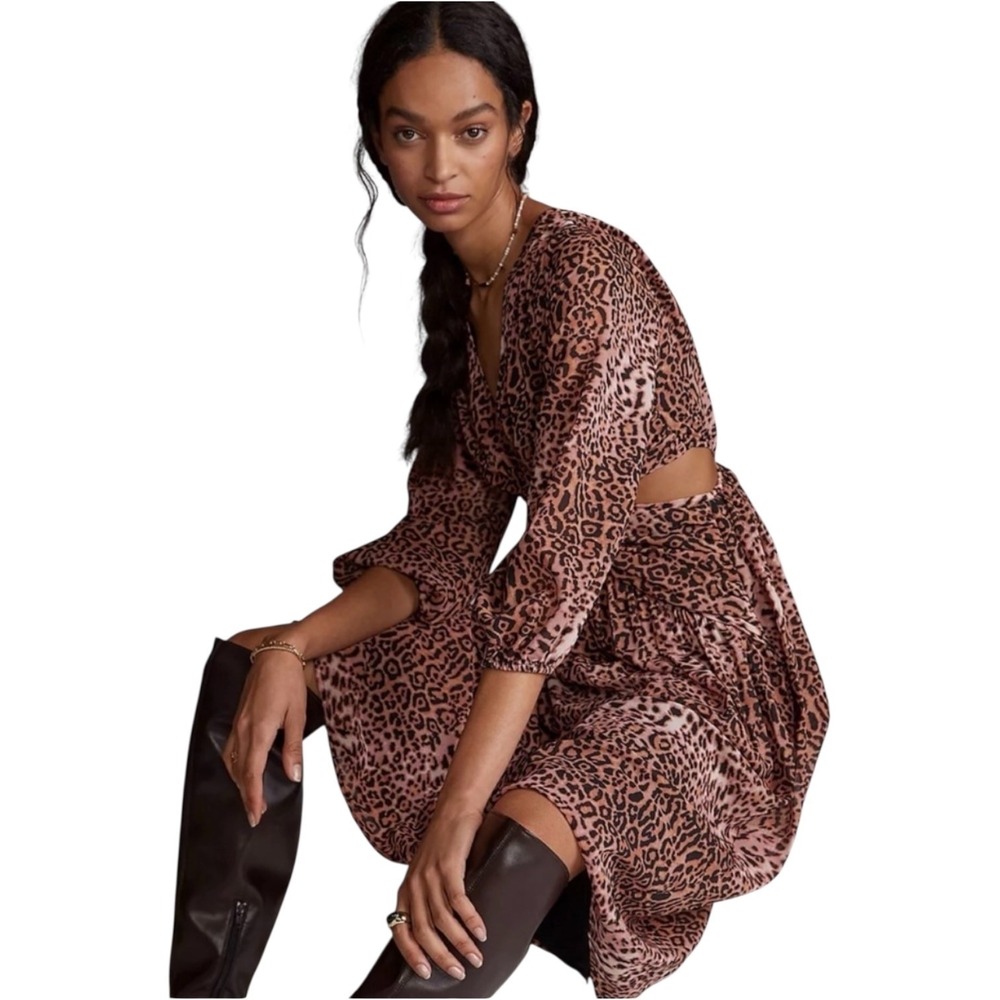 Ranna Gill Anthropologie Leopard Puff Sleeve Twist Front Cutout Midi Dress S